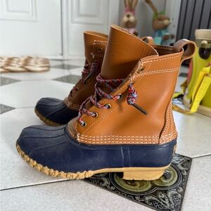 L.L. Bean Navy and Chestnut Leather Duck Boots